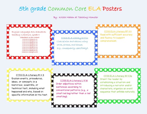 5th grade Common Core posters, ELA, polka dot background