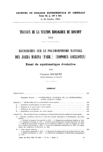 Recherches sur le polymorphisme naturel des Jaera marina (Fabr.) (Isopodes Asellotes). Essai de systématique évolutive