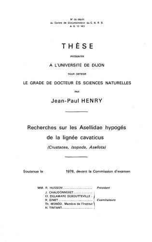 Recherches sur les Asellidae hypogés de la lignée cavaticus (Crustacea, Isopoda, Asellota)