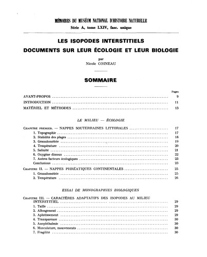 Les isopodes interstitiels. Documents sur leur écologie et leur biologie
