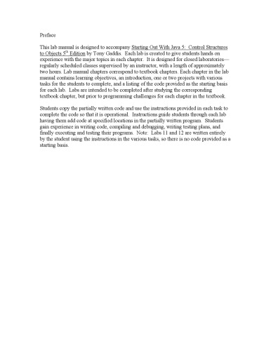 Starting Out with Java: From Control Structures through Objects, Lab Manual