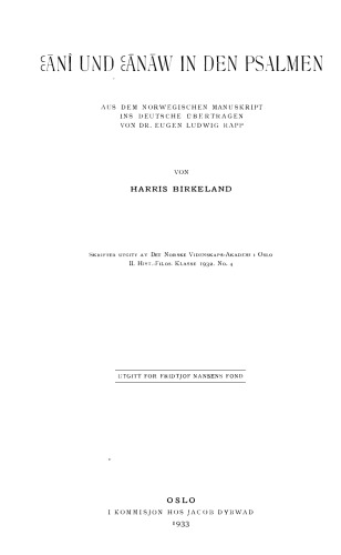 Ānî und Ānāw in den Psalmen: aus dem norwegischen Manuskript ins deutsche Uberstragen von Eugen Ludwig Rapp
