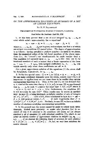 On the Approximate Solutions in Integers of a Set of Linear Equations