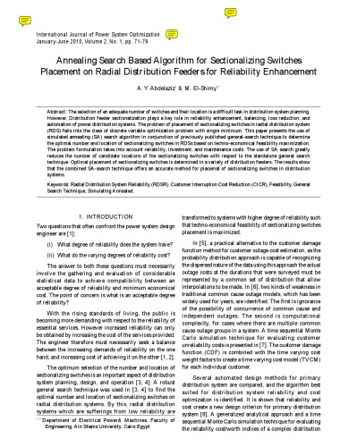 Annealing Search Based Algorithm for Sectionalizing Switches Placement on Radial Distribution Feeders for Reliability Enhancement