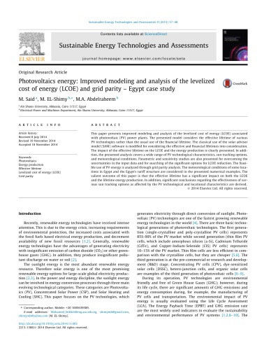 Photovoltaics energy: Improved modeling and analysis of the levelized cost of energy (LCOE) and grid parity – Egypt case study