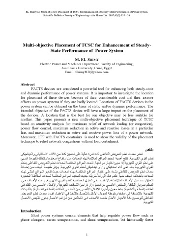 Multi-objective Placement of TCSC for Enhancement of Steady- State Performance of  Power System