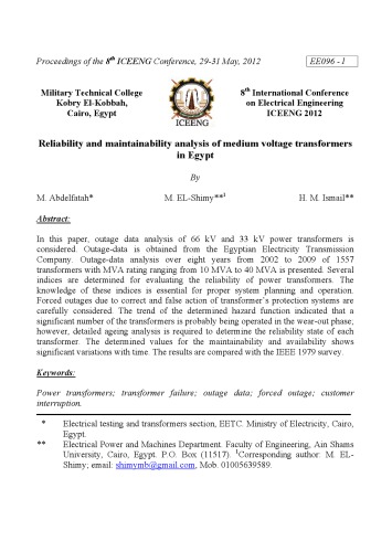 Reliability and maintainability analysis of medium voltage transformers in Egypt