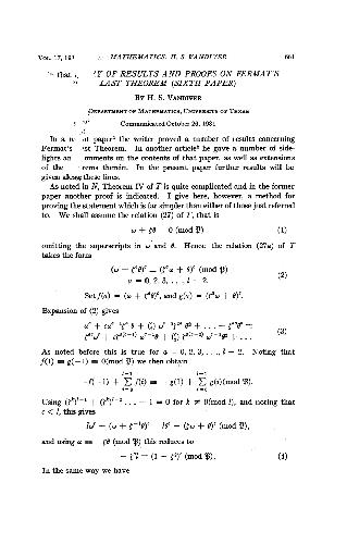 Summary of Results and Proofs on Fermats Last Theorem. (Sixth Paper)