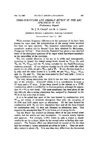 Term-Structure and Zeeman Effect of the Arc Spectrum of Tin (Preliminary Report)
