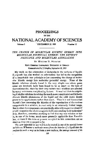 The Change of Molecular Kinetic Energy into Molecular Potential Energy The Entropy Principle and Molecular Association