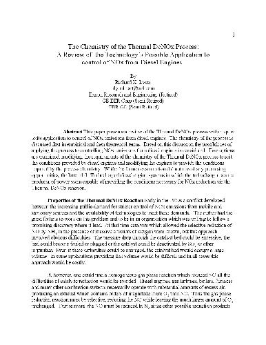 The Chemistry of the Thermal DeNOx Process: A Review of the Technology’s Possible Application to control of NOx from Diesel Engines