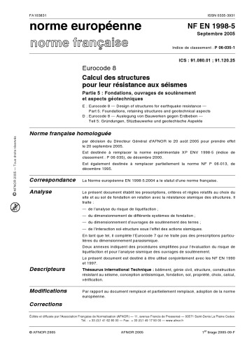 Eurocode 8 Calcul des structures pour leur résistance aux séismes Partie 5 : Fondations, ouvrages de soutènement et aspects géotechniques