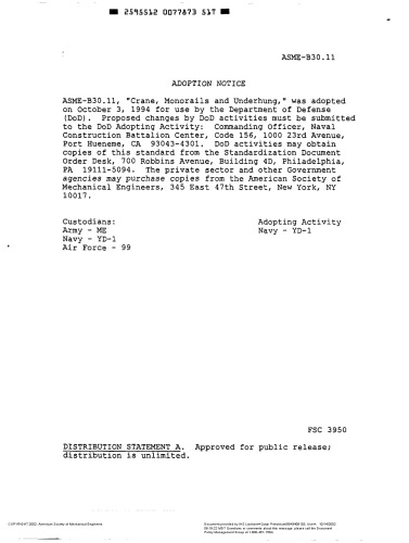 ASME B30-11-MONORAILS OR UNDERHUNG CRANES