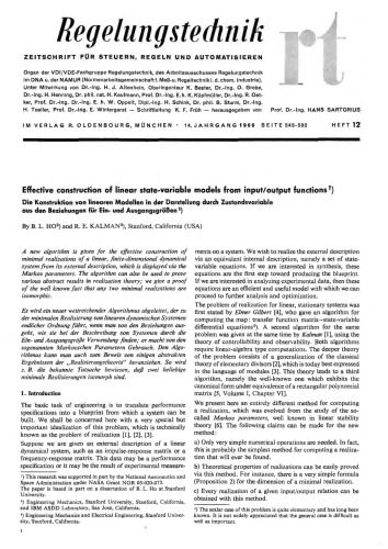 Efficient construction of linear state variable models from input-output functions