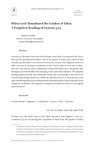 When God Abandoned the Garden of Eden: A Forgotten Reading of Genesis 3:24