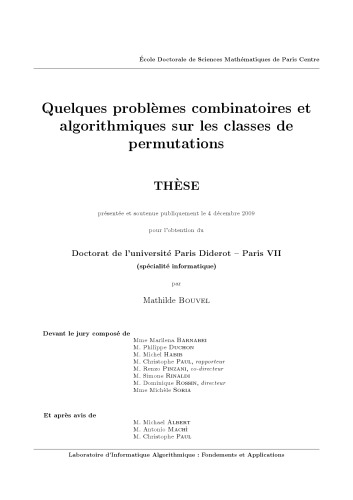Quelques problèmes combinatoires et algorithmiques sur les classes de permutations (version 23 Nov 2009)