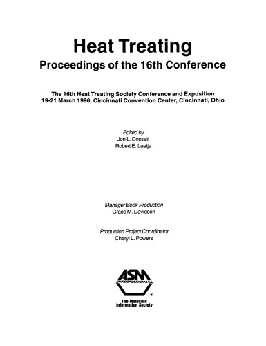 Heat treating, proceedings of the 16th conference : the 16th Heat Treating Society Conference and Exposition, 19-21 March 1996, Cincinnati Convention Center. Cincinnati, Ohio