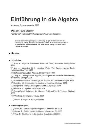 Einführung in die Algebra (Sommersemester 2005)