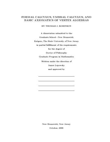 Formal calculus, umbral calculus, and basic axiomatics of vertex algebras [PhD thesis]