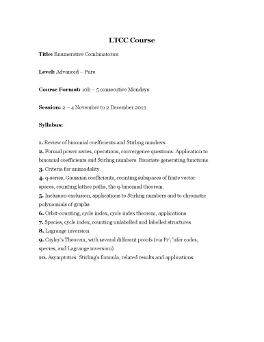 LTCC Course Enumerative Combinatorics, Fall 2013 [Lecture notes]