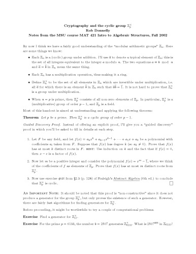 Cryptography and the cyclic group Zp^cross [Lecture notes]