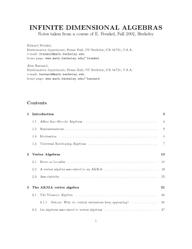 Infinite dimensional algebras [Lecture notes]