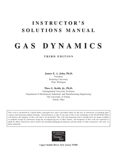 Gas Dynamics Instructor's Solution Manual