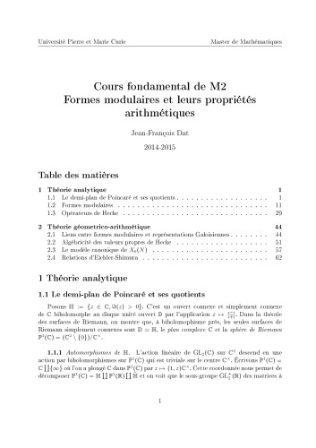 Cours fondamental de M2: Formes modulaires et leurs propriétés arithmétiques [Lecture notes]
