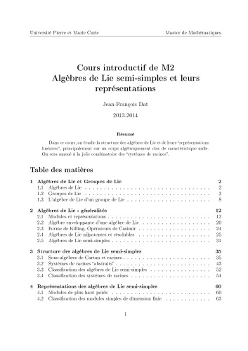 Cours introductif de M2: Algèbres de Lie semi-simples et leurs représentations [Lecture notes]