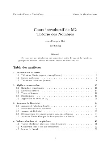 Cours introductif de M2: Théorie des Nombres [Lecture notes]