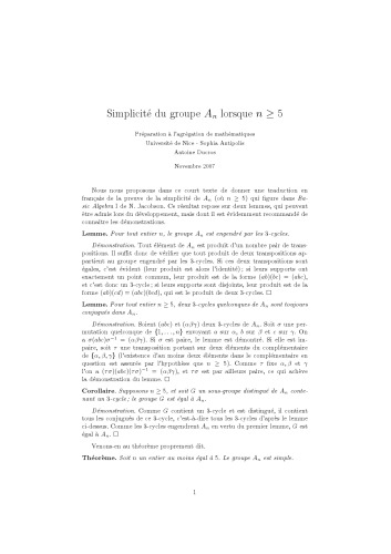 Simplicité du groupe A_n lorsque n >= 5 [expository notes]