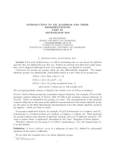 Introduction to Lie Algebras and Their Representations: Michaelmas 2010