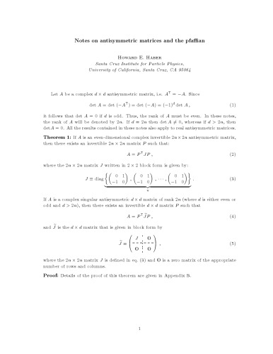 Notes on antisymmetric matrices and the pfaffian [expository notes]