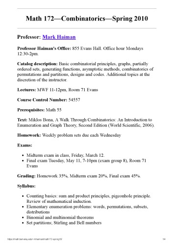 Math 172: Combinatorics [Lecture notes]