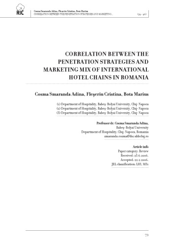 CORRELATION BETWEEN THE PENETRATION STRATEGIES AND MARKETING MIX OF INTERNATIONAL HOTEL CHAINS IN ROMANIA