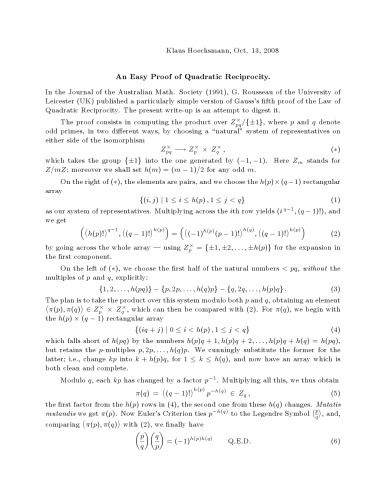 An Easy Proof of Quadratic Reciprocity [expository notes]