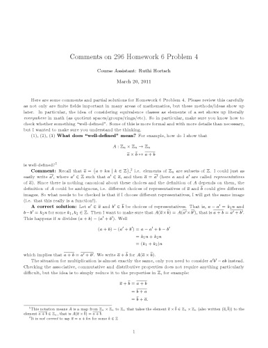 Comments on 296 Homework 6 Problem 4 (equivalence classes) [Lecture notes]