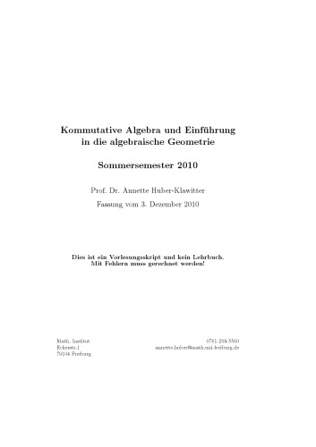 Kommutative Algebra und Einfuhrung in die algebraische Geometrie