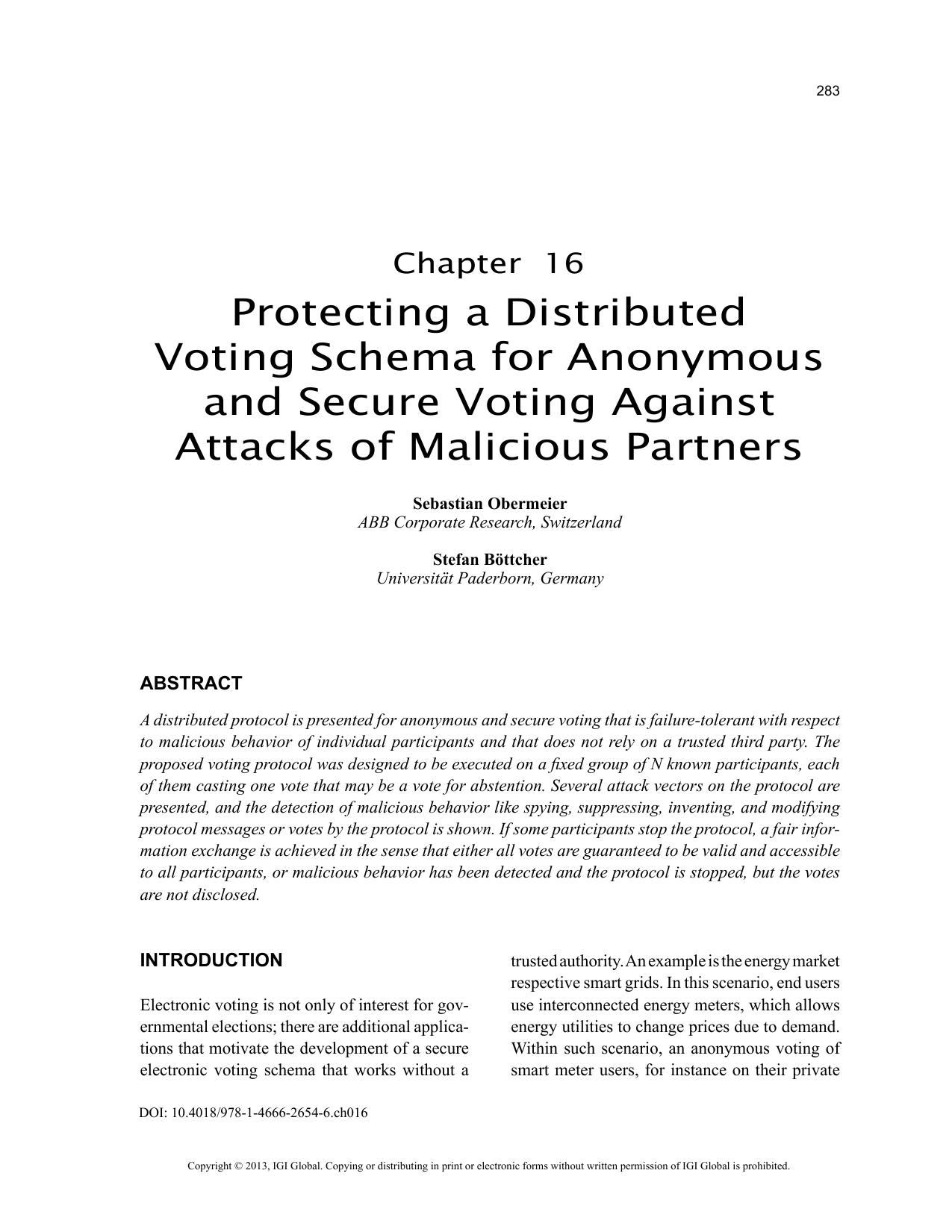 Protecting a Distributed Voting Schema for Anonymous and Secure Voting Against Attacks of Malicious Partners