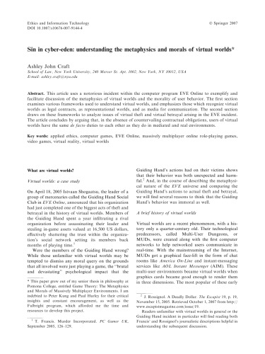 Sin in cyber-eden: understanding the metaphysics and morals of virtual worlds