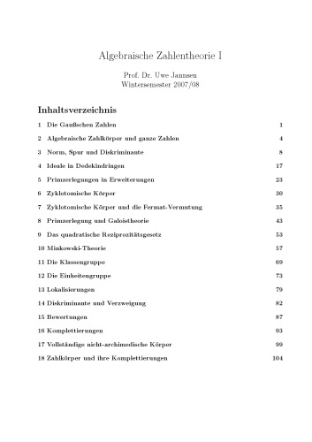 Algebraische Zahlentheorie I WS 2007/2008