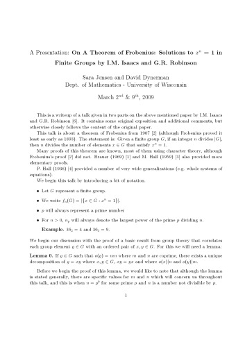A Presentation: On A Theorem of Frobenius: Solutions to x^n = 1 in Finite Groups by I.M. Isaacs and G.R. Robinson