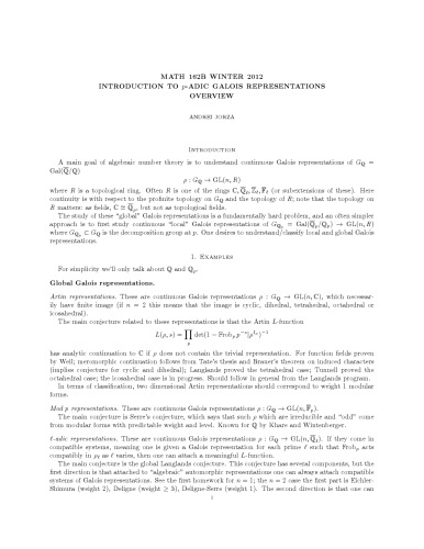 Math 162b Topics in Number Theory: Introduction to p-adic Hodge Theory