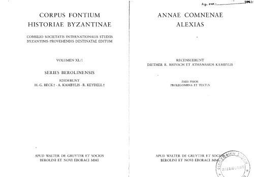 Annae Comnenae Alexias. Pars prior: Prolegomena et Textus