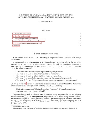 Schubert polynomials and symmetric functions: notes for the Lisbon combinatorics summer school 2002