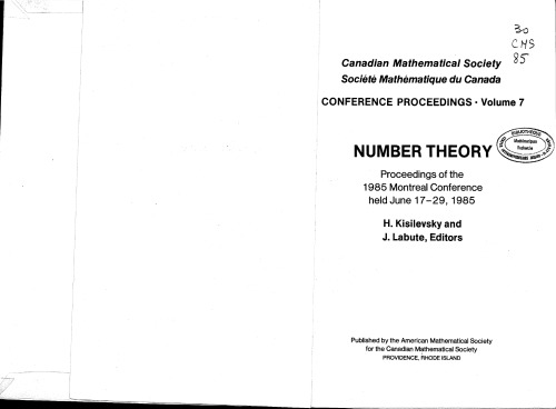Number Theory. Proceedings of the 1985 Montreal Conference held June 17-29, 1985