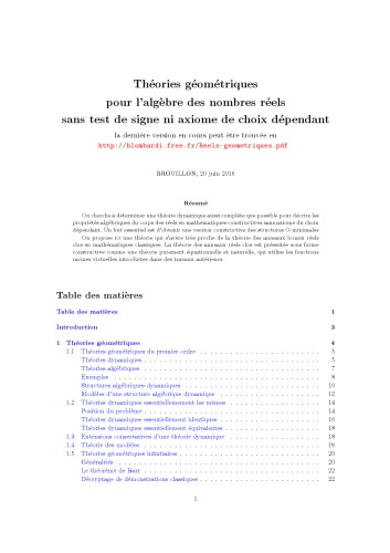 Théories géométriques pour l’algèbre des nombres réels sans test de signe ni axiome de choix dépendant