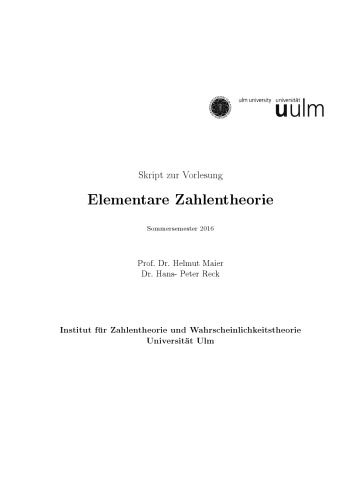 Skript zur Vorlesung Elementare Zahlentheorie, Sommersemester 2016