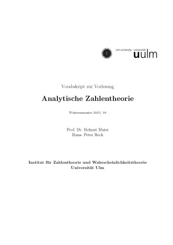 Vorabskript zur Vorlesung Analytische Zahlentheorie, Wintersemester 2015/16