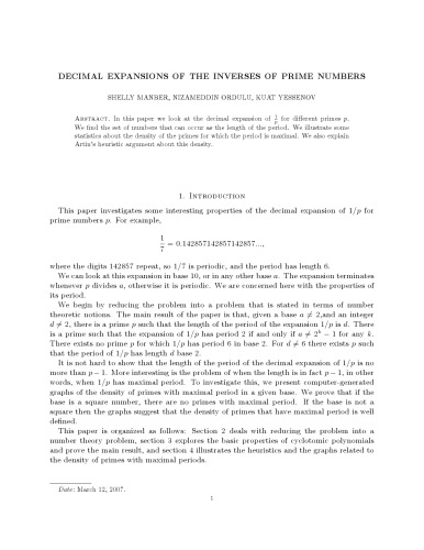 Decimal expansions of the inverses of prime numbers